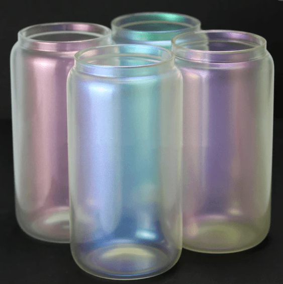 16oz Rainbow Glitter Sublimation Matte Beer Glass Can Tumbler - Blue 