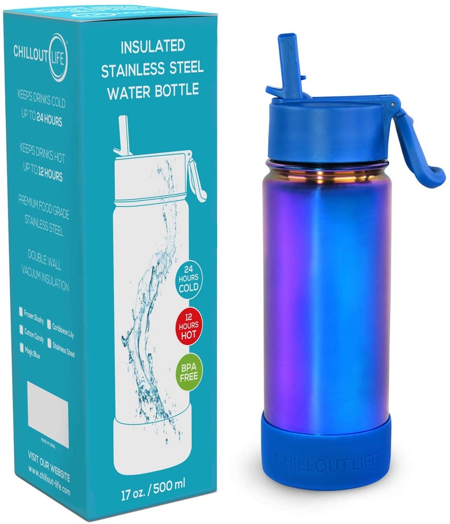 CHILLOUT LIFE 17oz Insulated Water Bottle with Straw Lid for Kids and Adult - Magic Blue