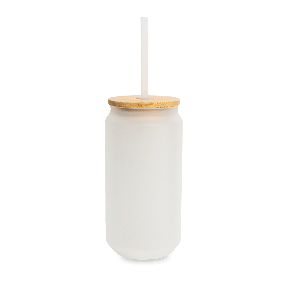 16oz Frosted Glass Can with Bamboo Lid and Straw